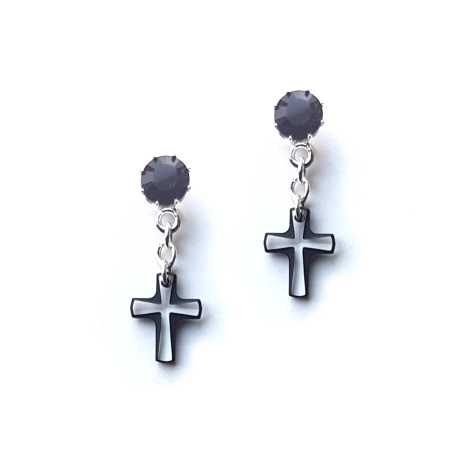 Ohr Stecker versilbert mit 2 Swarovski Kristallen in Kreuz Form Klein