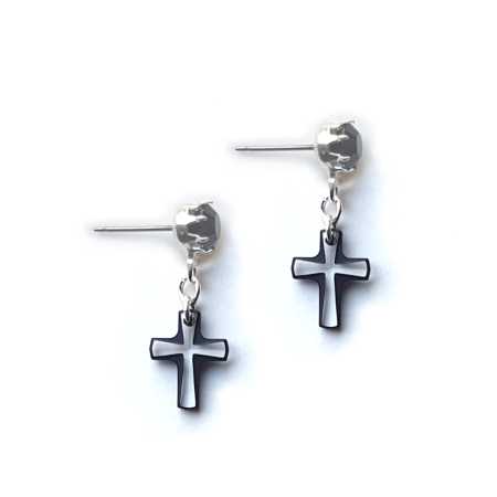 Ohr Stecker versilbert mit 2 Swarovski Kristallen in Kreuz Form Klein