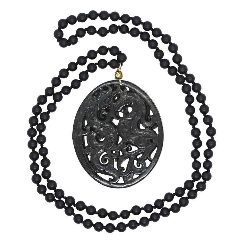 Schwarze Kette mit Pferd und Drachen Glücks Amulett