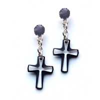 Ohr Stecker versilbert mit 2 Swarovski Kristallen in Kreuz Form Groß